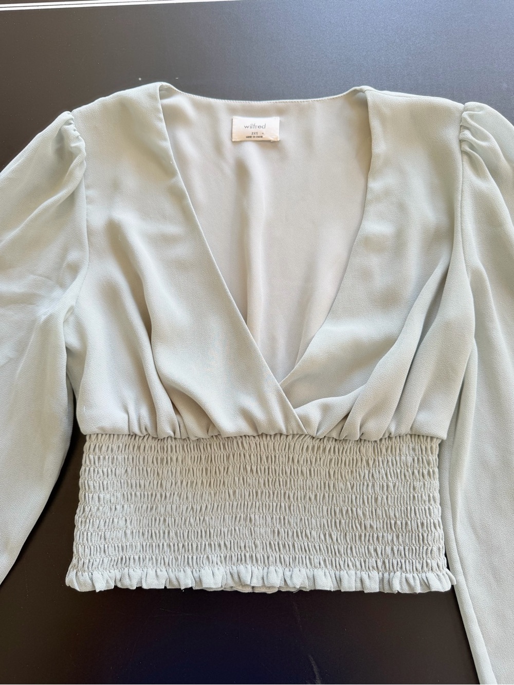 Aritzia Wistful Sage Green Smocked-Waist V-Neck Blouse - Picture 6 of 7
